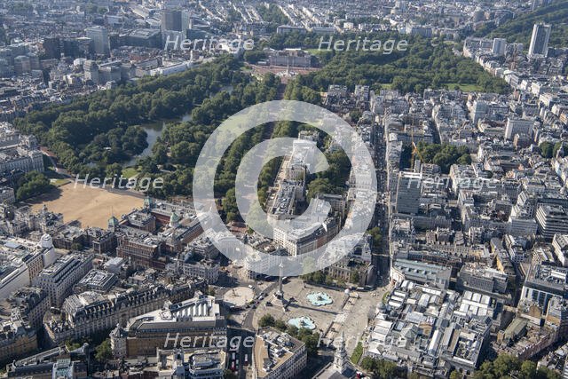 Looking south west from Trafalgar Square towards Buckingham Palace, St James, London, 2021. Creator: Damian Grady.