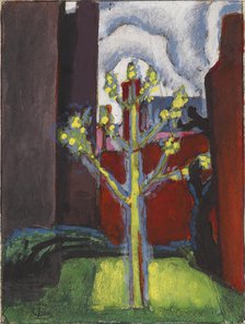 Young Tree in Red Courtyard, 1919. Creator: Oscar Bluemner.