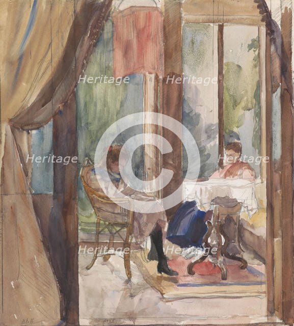Lady and a young girl, both reading in the conservatory of the house at Riouwstraat 6..., 1872-1950. Creator: Barbara Elisabeth van Houten.