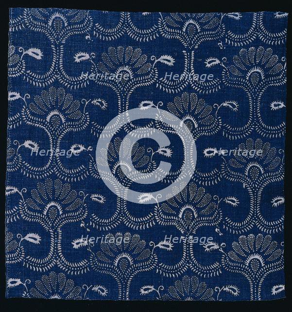 Blue Indigo Resist Print with Stylized Leaf Design, 1790. Creator: Unknown.