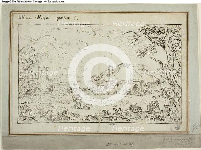 Rural Crossroads, with Farm Buildings in Foreground, 1734. Creator: Carlo Antonio Tavella.