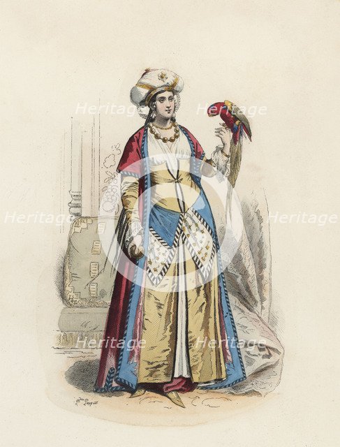 Lady from Cairo, color engraving 1870.