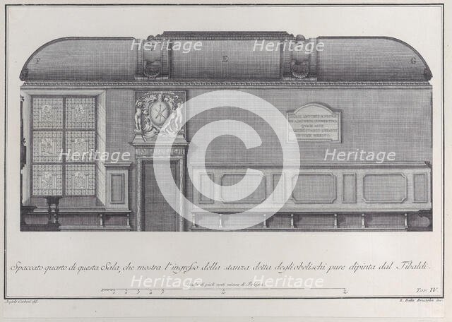 Plate 4: cross-section of the Hall of the Institute of Bologna, with the entrance to the r..., 1756. Creator: Giovanni Battista Brostoloni.