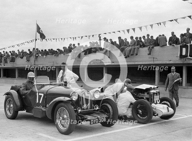 Alfa Romeo and supercharged MG Midget on the start line at Brooklands, 1938 or 1939. Artist: Bill Brunell.