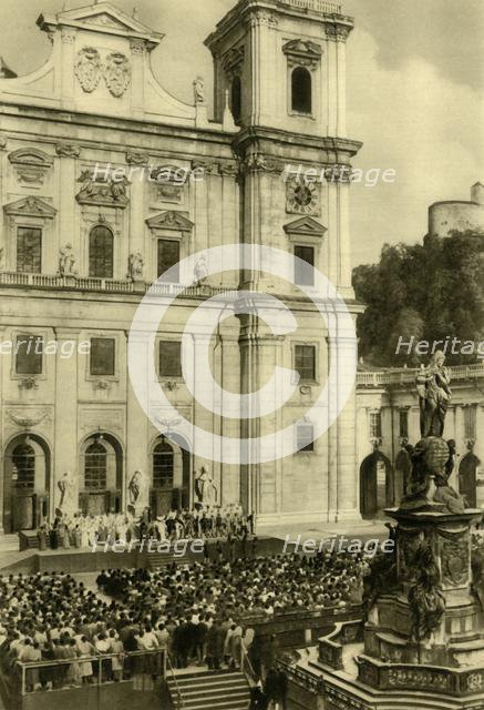 "Jedermann" performed in front of Salzburg Cathedral, Salzburg, Austria, c1935.  Creator: Unknown.