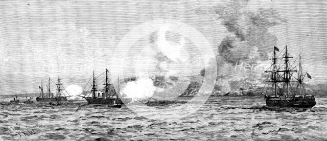 The Germans in East Africa - the Carola and Schwalbe bombarding Kilwa, May 3., 1890. Creator: Josiah Robert Wells.