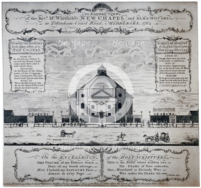 Eastern view of Whitefield's Tabernacle, Tottenham Court Road, St Pancras, London, 1764. Artist: Anon