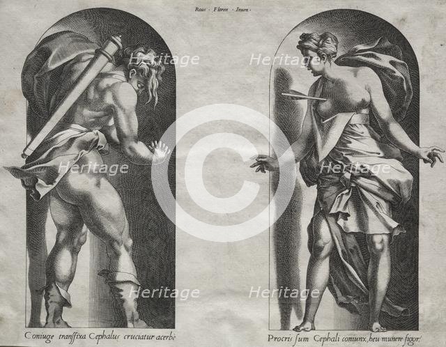 Cephalus and Procris in two Niches, 1538-1540. Creator: René Boyvin (French, c. 1525-aft 1580).