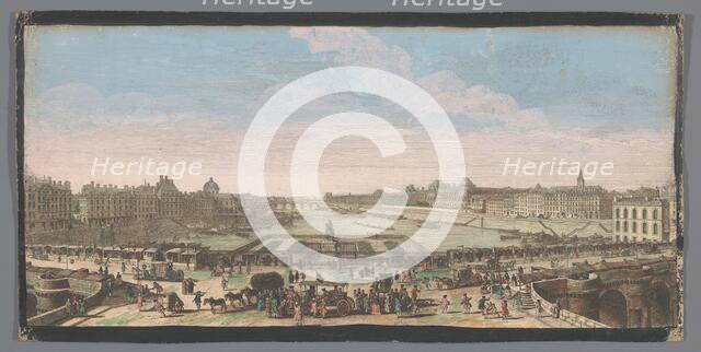 View of the Pont Neuf over the Seine River in Paris, seen towards the Pont Royal, 1700-1799. Creators: Anon, Jacques Rigaud.