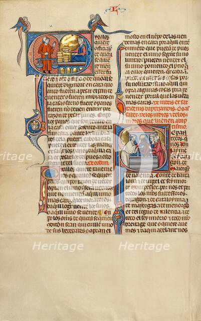 Initial Q: A Woman with Bread Loaves before a Man Holding a Scale: Initial S..., about 1290-1310. Creator: Unknown.