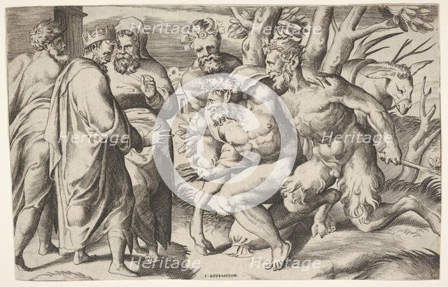 Two satyrs leading Silenus to King Midas, who stands at left with two male attendan..., ca. 1550-80. Creator: Giulio Bonasone.