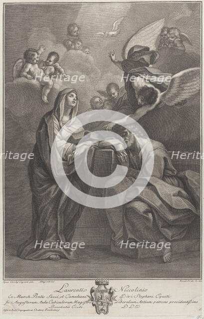 Plate 6: Saint Joseph's dream, with the Virgin Mary at left and an angel above who points ..., 1777. Creators: Benedetto Eredi, Ranieri Allegranti.