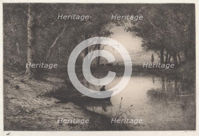 A Fisherman in a Wooded Pond at Evening, 1887. Creator: Adolphe Appian.