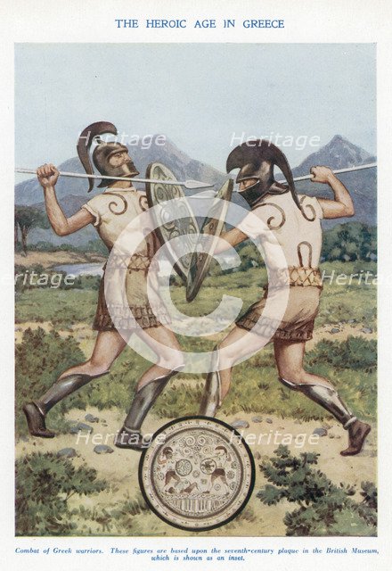'The Heroic Age in Greece': combat of Ancient Greek warriors. Artist: Unknown