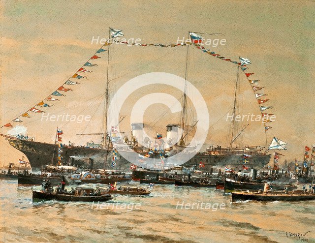 Emperor Nicholas II visiting his Yacht Polestar, 1908. Artist: Beggrov, Alexander Karlovich (1841-1914)