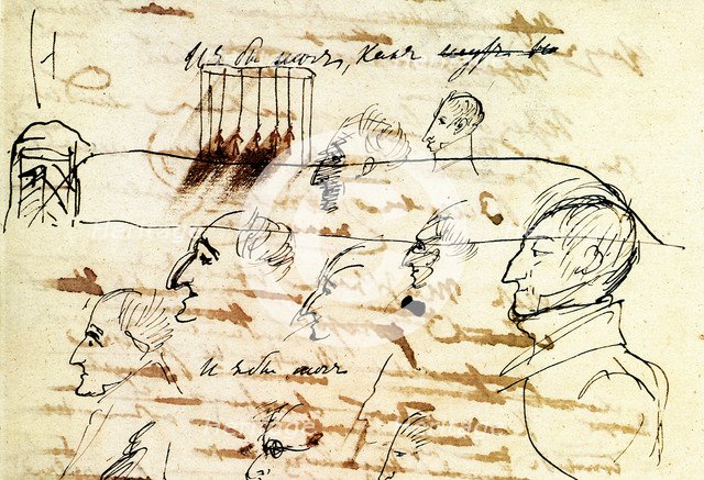 Sheet with drawing of the execution of the Decembrists, 1826-1827.