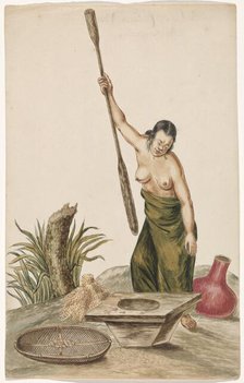 Woman pounding rice in a pestle and mortar, 1675-c.1725.  Creator: Anon.