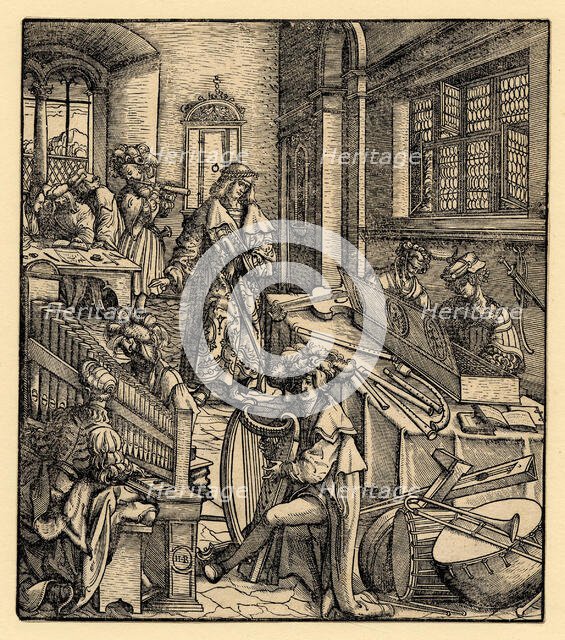 Der Weisskunig: The young Maximilian in a room filled with a wide range of musicals..., 1514-16. Creator: Burgkmair, Hans, the Elder (1473-1531).