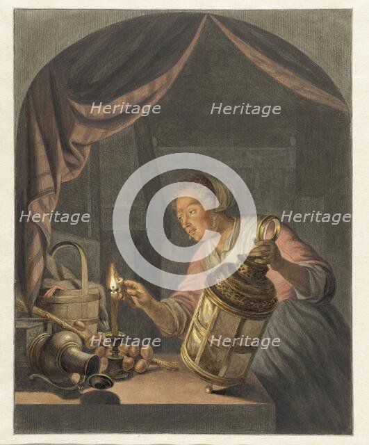 Girl lighting a lantern, 1795. Creator: Abraham Delfos.