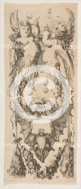 Two Winged Children with Bodies Turning into Ornament Blowing Bubbles, ca. 1653. Creator: Stefano della Bella.