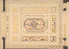 Design for a paneled ceiling painted with putti, birds, and floral motifs, 19th century. Creators: Jules-Edmond-Charles Lachaise, Eugène-Pierre Gourdet.