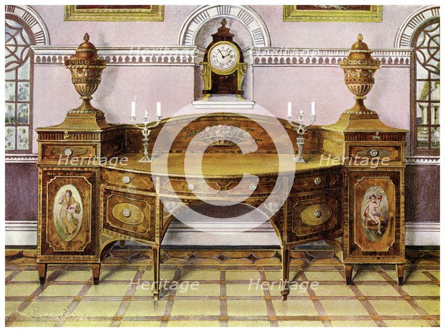 Painted and inlaid satinwood sideboard and mahogany bracket clock, 1911-1912.Artist: Edwin Foley