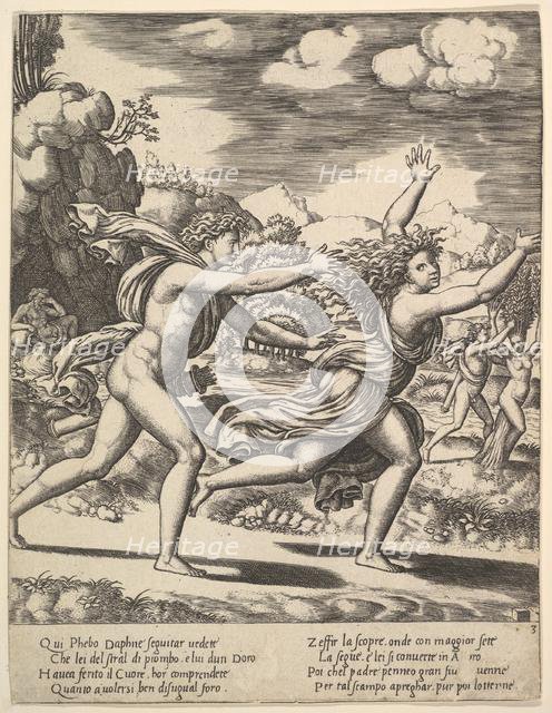 Apollo chasing Daphne who throws her arms up, in the background at right shows the mome..., 1530-60. Creator: Master of the Die.