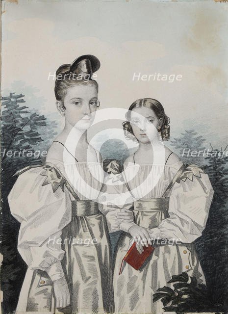 Portrait of Sisters Anna Petrovna (1822-1905) and Elena Petrovna (1824-1860) Ushakov, 1830s. Creator: Hampeln, Carl, von (1794-after 1880).