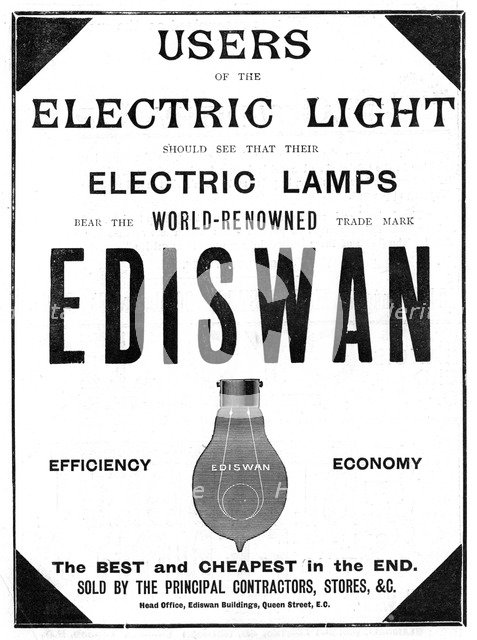 Advertisement for Ediswan incandescent light bulbs, 1898. Artist: Unknown