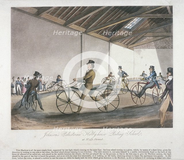 'Johnson's Pedestrian Hobbyhorse Riding School', the Strand, Westminster, London, 1819. Artist: Anon