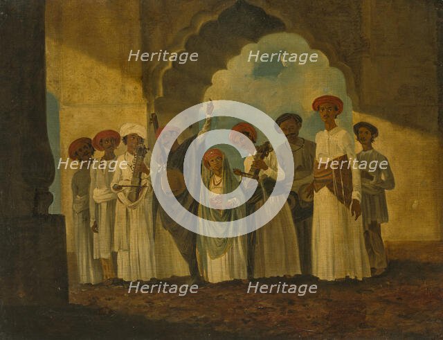 A group of musicians playing Sarangi, a Tambura and Tablas. Creator: Hodges, William (1744-1797).