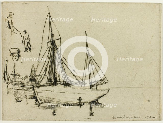 Sketch of Fishing Boats and Sailors, 1902. Creator: Donald Shaw MacLaughlan.