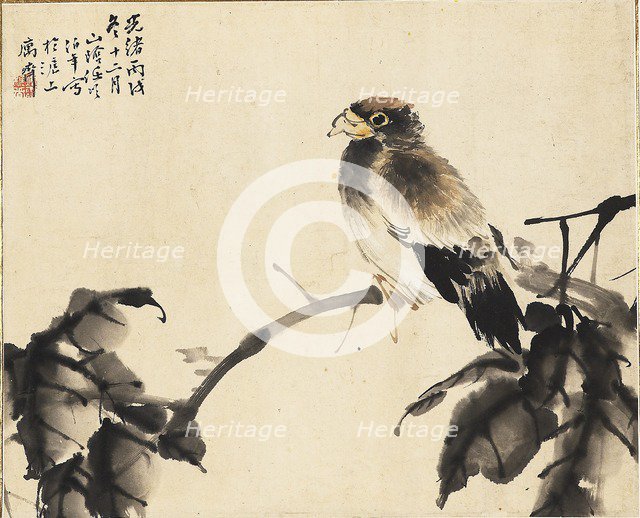 Bird on a branch, 1886. Creators: Unknown, Ren Yi.