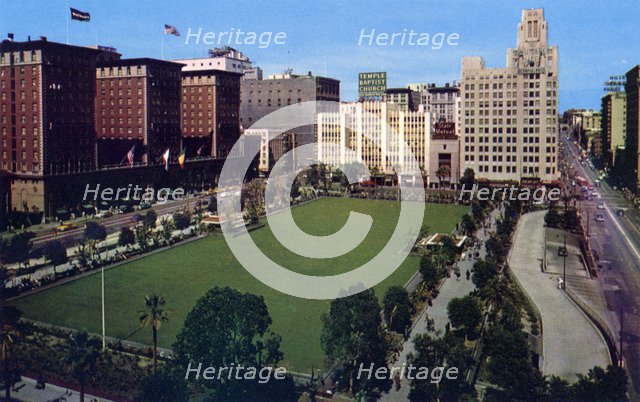 Pershing Square showing the Biltmore Hotel, Los Angeles, California, USA, 1953. Artist: Unknown