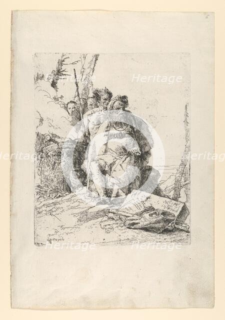 Magician with four Figures near a smoking Altar, from the Scherzi, ca. 1743-52. Creator: Giovanni Battista Tiepolo.