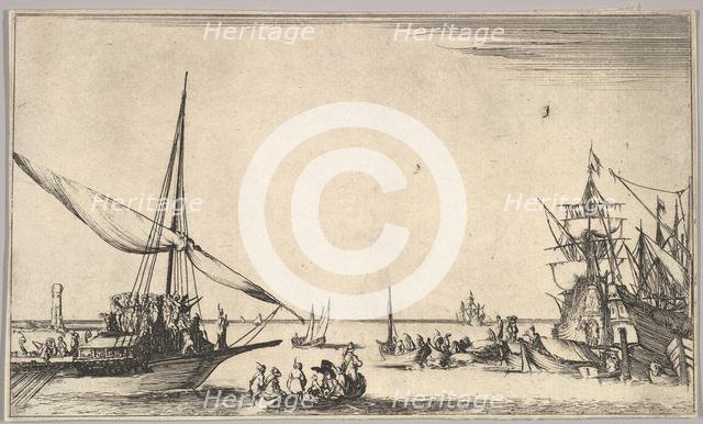 A galley arriving at port to left, several rowboats in center, ships at port to right, fro..., 1639. Creator: Stefano della Bella.