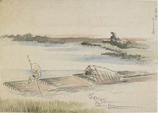 Landscape: boatman poling his raft, late 18th-early 19th century. Creator: Hokusai.