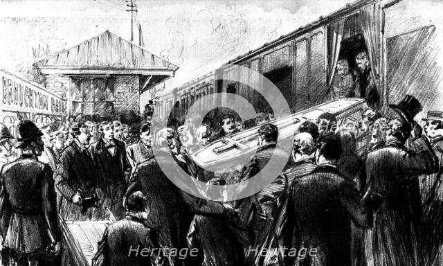 The Funeral of Mr. Gladstone: placing the body in the train at Broughton Hall Station, 1898. Creator: Unknown.