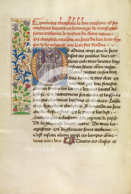 Initial O: The Miracle of the Birds above the Hermitage Altar, about 1465-1470. Creators: Master of the Brussels Romuléon, Workshop of the Master of the Brussels Romuléon.