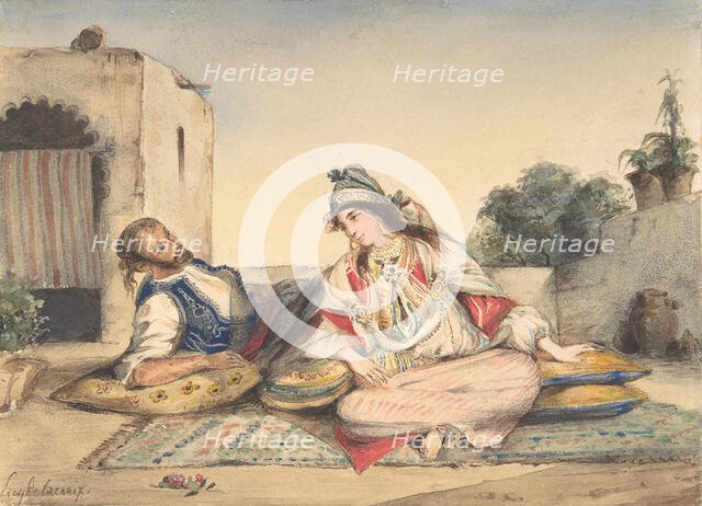 A Moroccan Couple on Their Terrace, 1832. Creator: Eugene Delacroix.