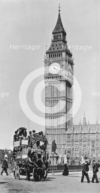 Horse bus in front of Big Ben, Westminster, London, late 19th-early 20th century. Artist: Unknown
