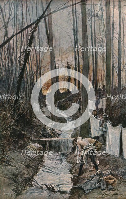 'L'offensive Francaise d'avril-mai 1917; Dans le bois de Roucy (Aisne): la toilette du..., 1917. Creator: Francois Flameng.