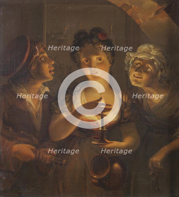Girl Holding a Candle Standing between a Fiddler and an Old Woman, 1830. Creator: Pehr Berggren.