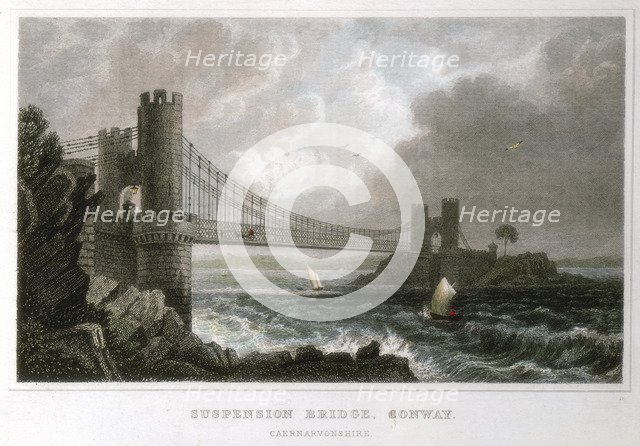 Suspension bridge over the Conwy estuary, Wales, c1840. Artist: Unknown