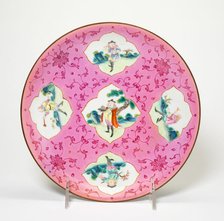 Dish with Five European Figures and Stylized Floral Scrolls and Five Bats on Reverse, (1736-1795). Creator: Unknown.