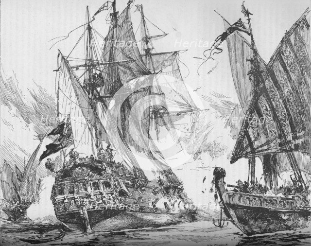 Captain Keigwin in the Revenge, beating off Sevagee's Fleet, 1884. Artist: Unknown