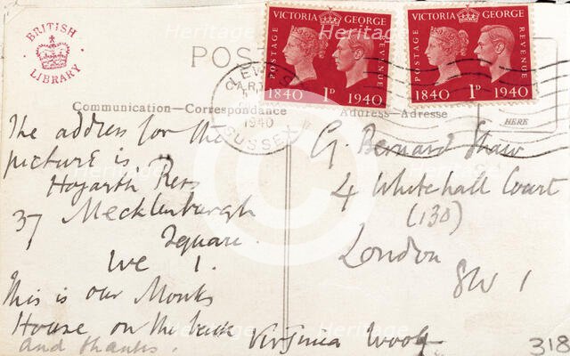 Postcard sent from Virginia Woolf to George Bernard Shaw, 1940. Creator: Virginia Woolf.