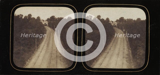 [Stereographic View of Paris-Lyon Railroad Tracks with "Ghost" Train Visible When View..., ca. 1860. Creator: Unknown.