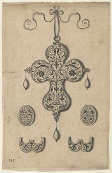 Design for the Verso of a Cross-Shaped Pendant Above a Pair of Oval Ornaments and A..., before 1573. Creator: Jan Collaert I.