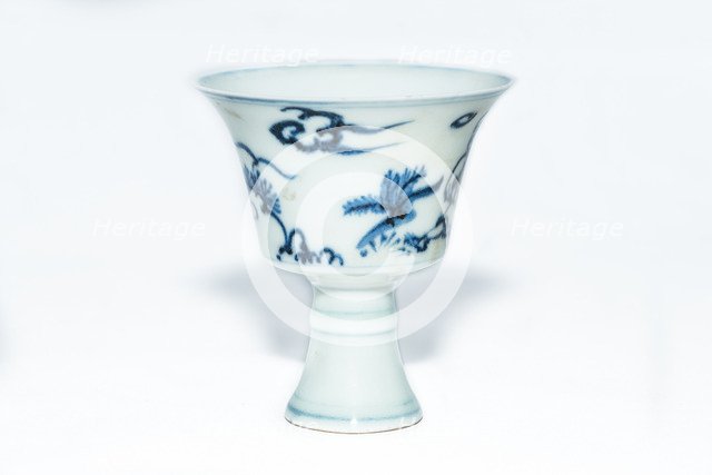 Blue and white stem cup with two scholars in landscape, 2nd half 15th century. Artist: Unknown.